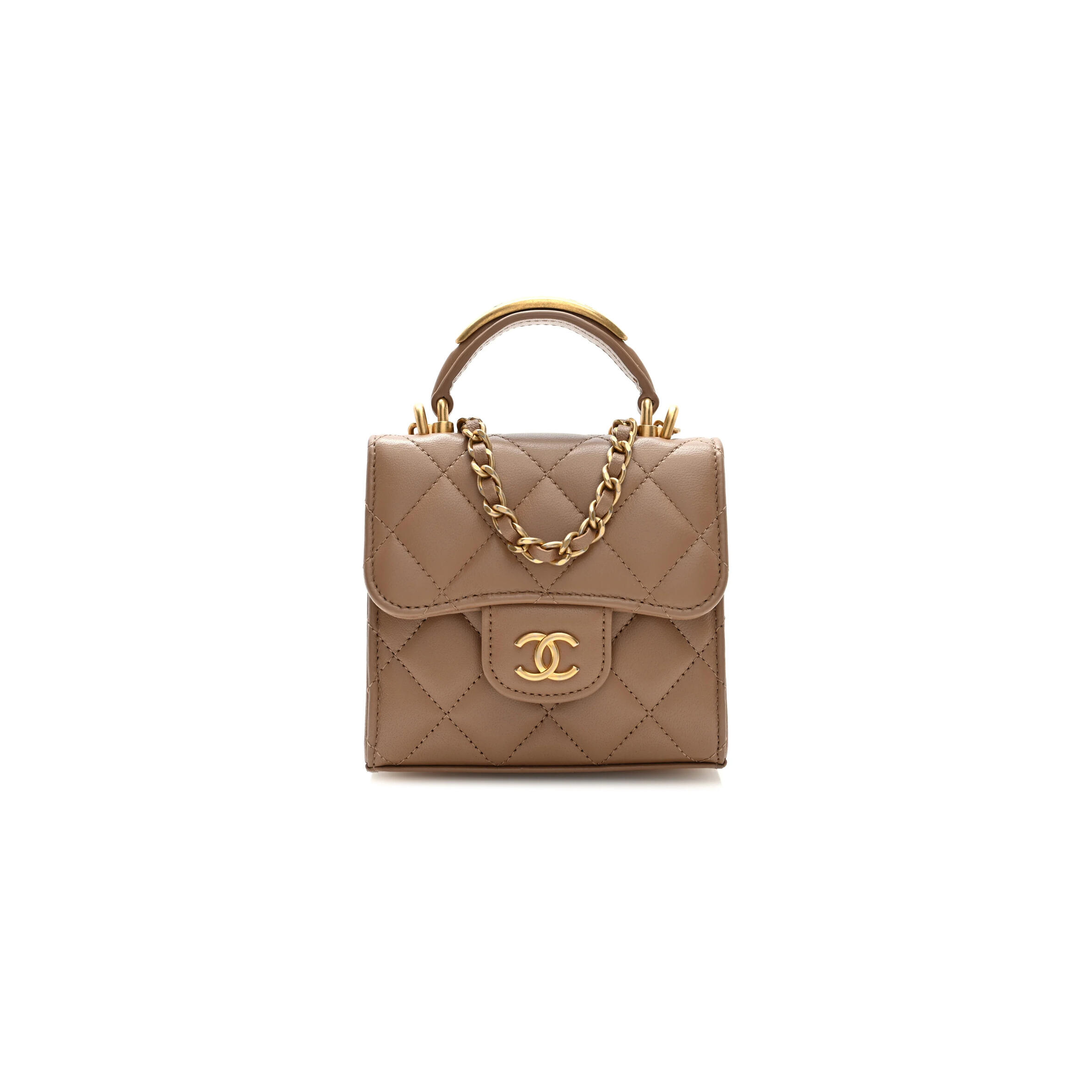 Ch**el lambskin quilted mini top handle flap clutch with chain beige ap2682 (11*11*5.5cm)
